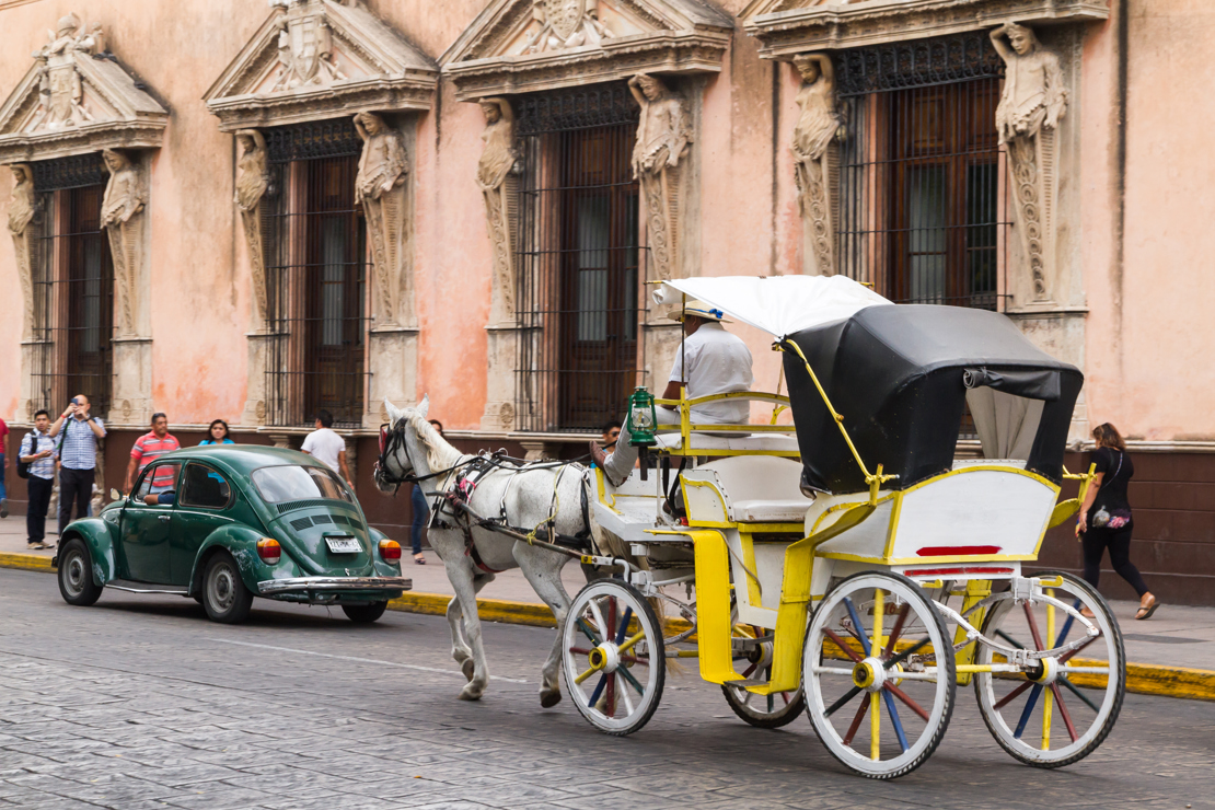 shutterstock_279300569 Horse carriages with passengers on a city street in Merida Mexico..jpg