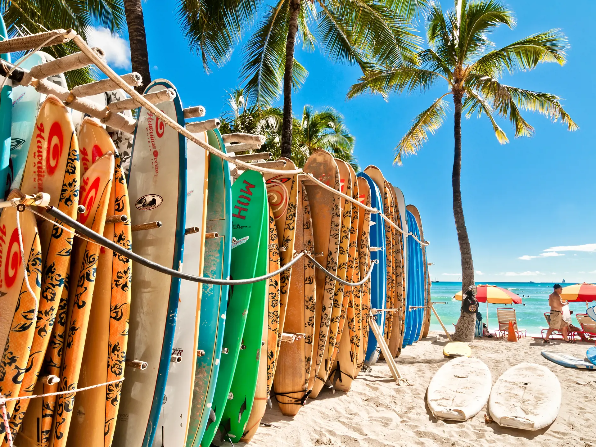 HONOLULU, HAWAII - SEPTEMBER 7, 2013 Surfboards lined up in the rack at famous Waikiki Beach in Honolulu. Oahu, Hawaii.jpg