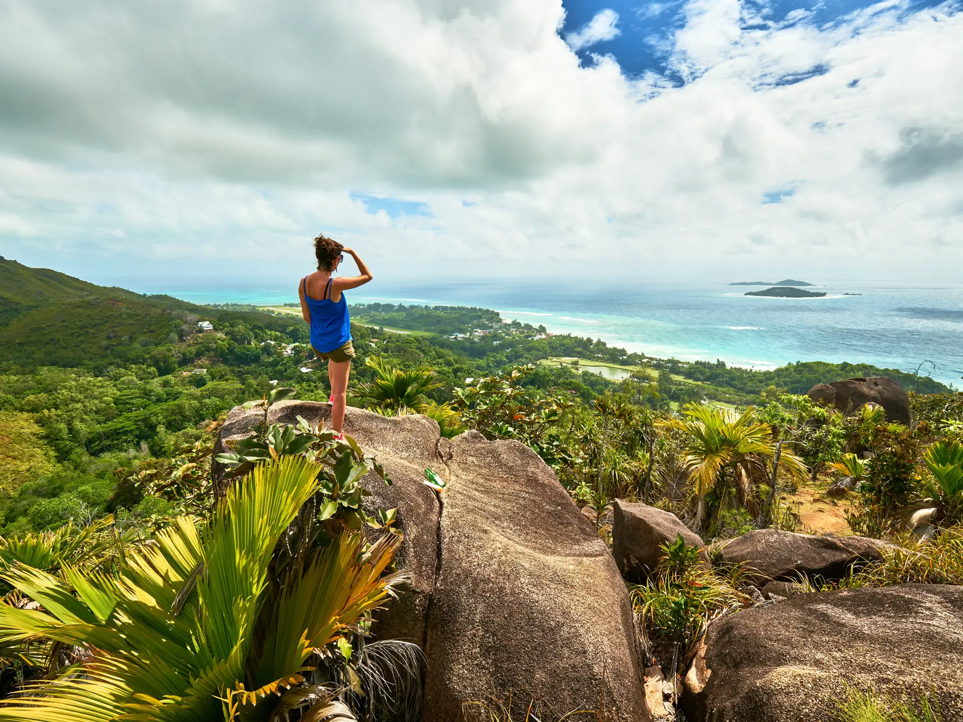 Adventure Woman Hiking On Chenard Mountain, Praslin, Seychelles1