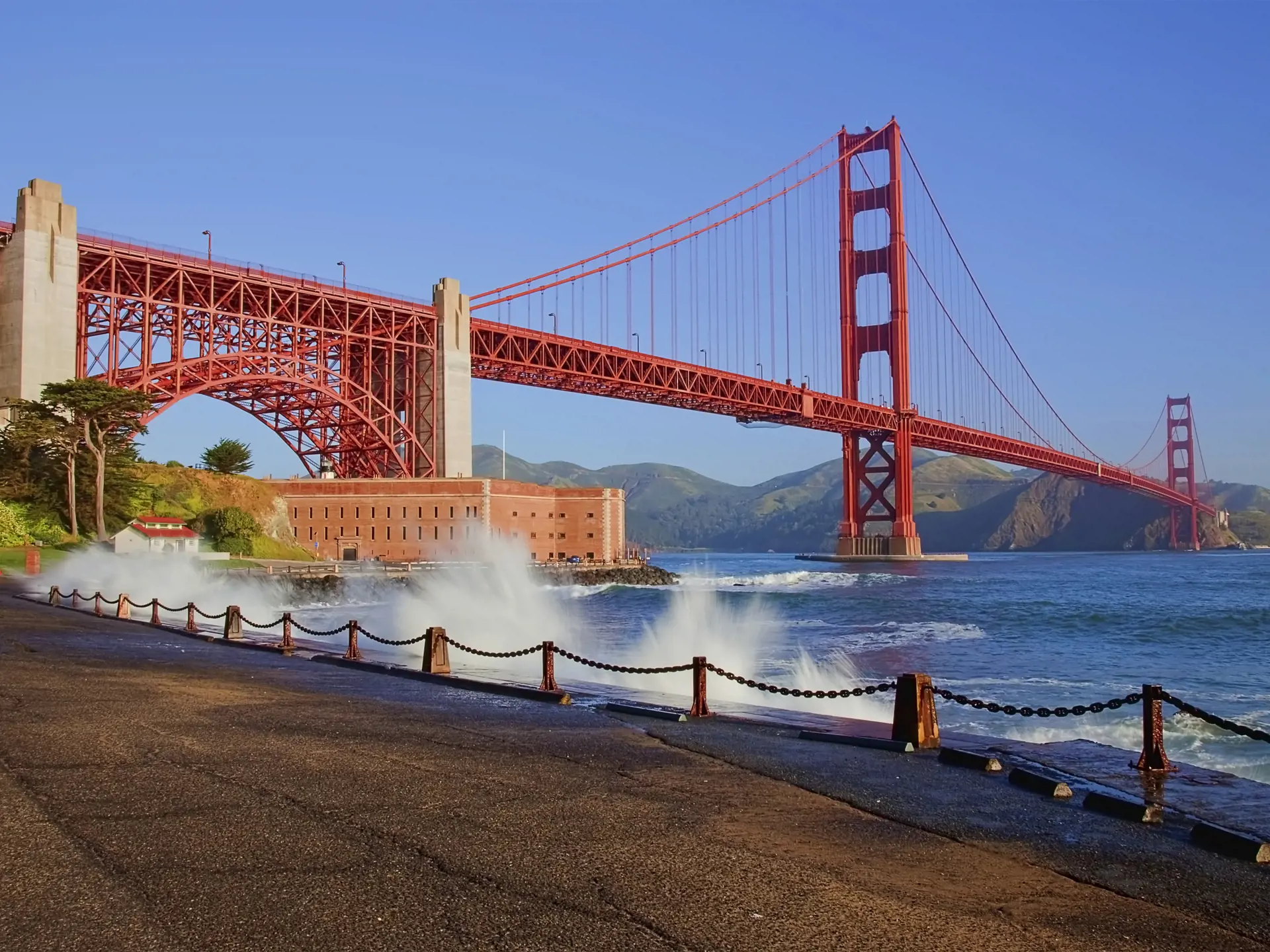 Golden Gate Bridge With Wave Splashing On The Shore Line 50929669