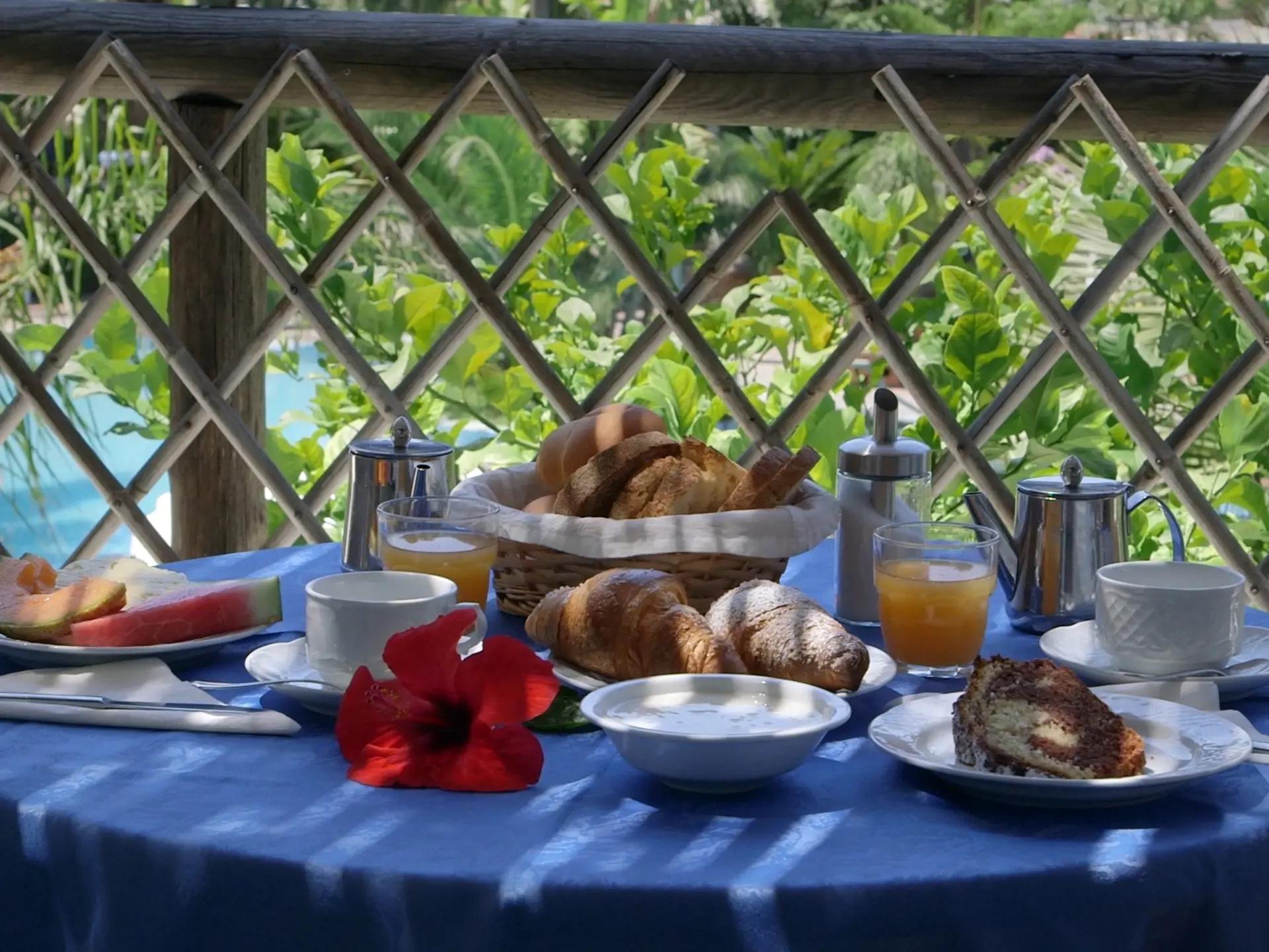 Morgenmad på den skyggefulde terrasse på Semiramis