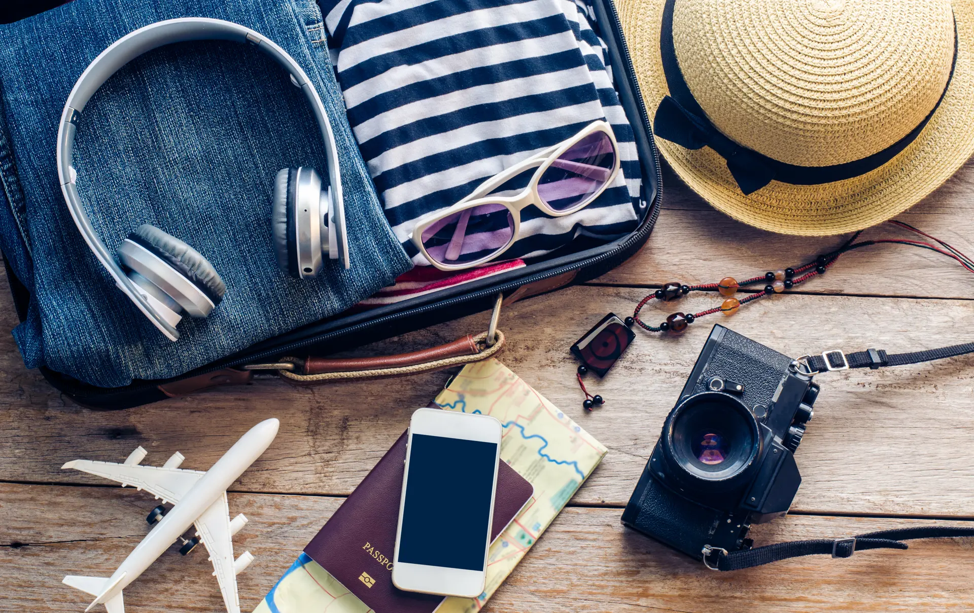 shutterstock_374838787 Clothing traveler's Passport, wallet, glasses, smart phone devices, on a wooden floor..jpg