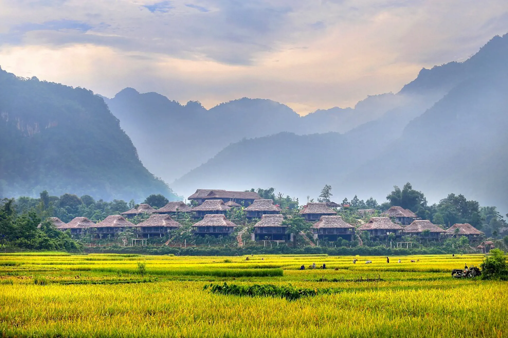 MAI CHAU - Her kan I opleve landlivet på nærmeste hold. Nætterne tilbringer i på Mai Chau Eco Lodge, som I kan se på billedet, Check Point Travel