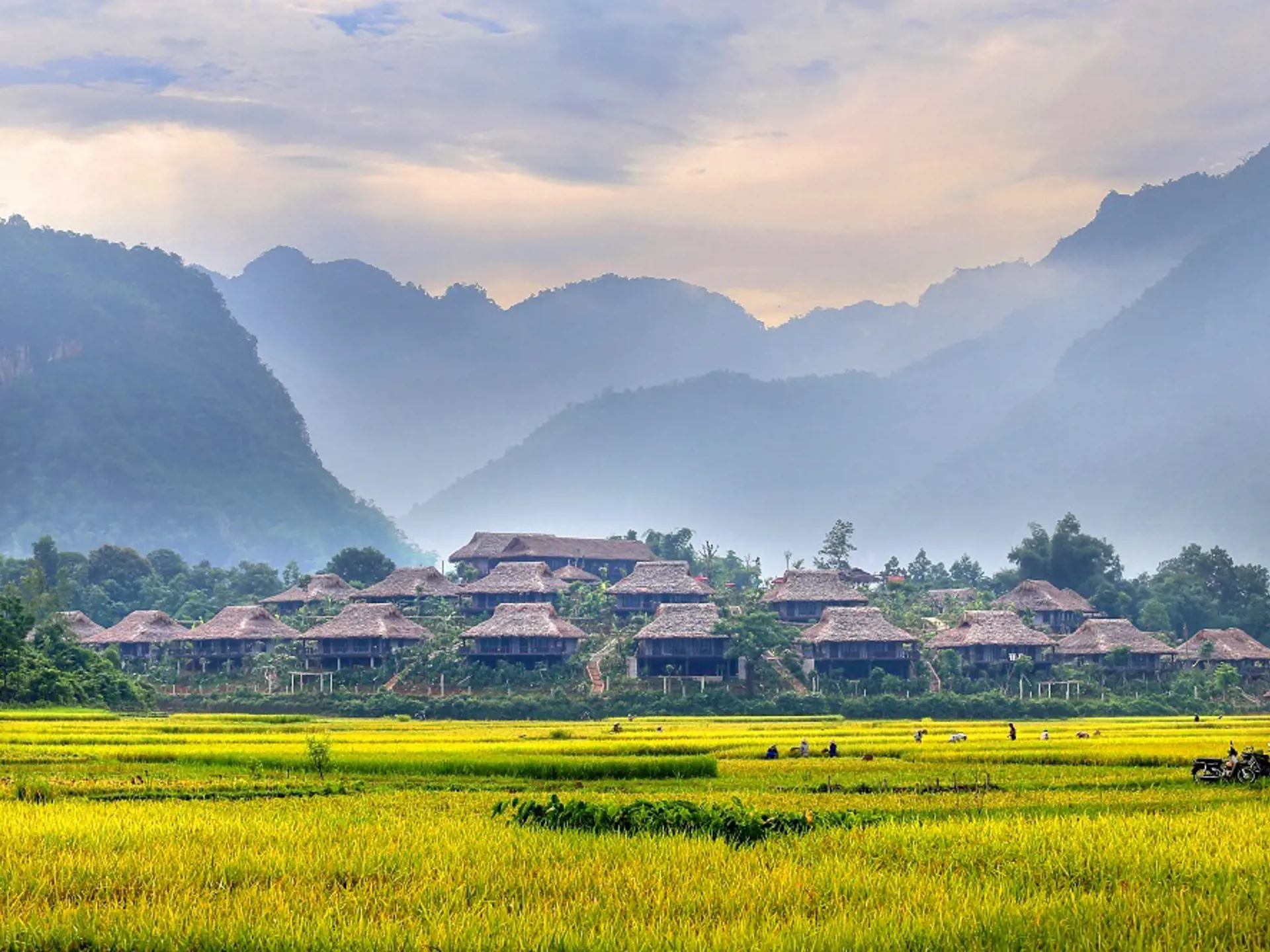 MAI CHAU - Her kan I opleve landlivet på nærmeste hold. Nætterne tilbringer i på Mai Chau Eco Lodge, som I kan se på billedet, Check Point Travel