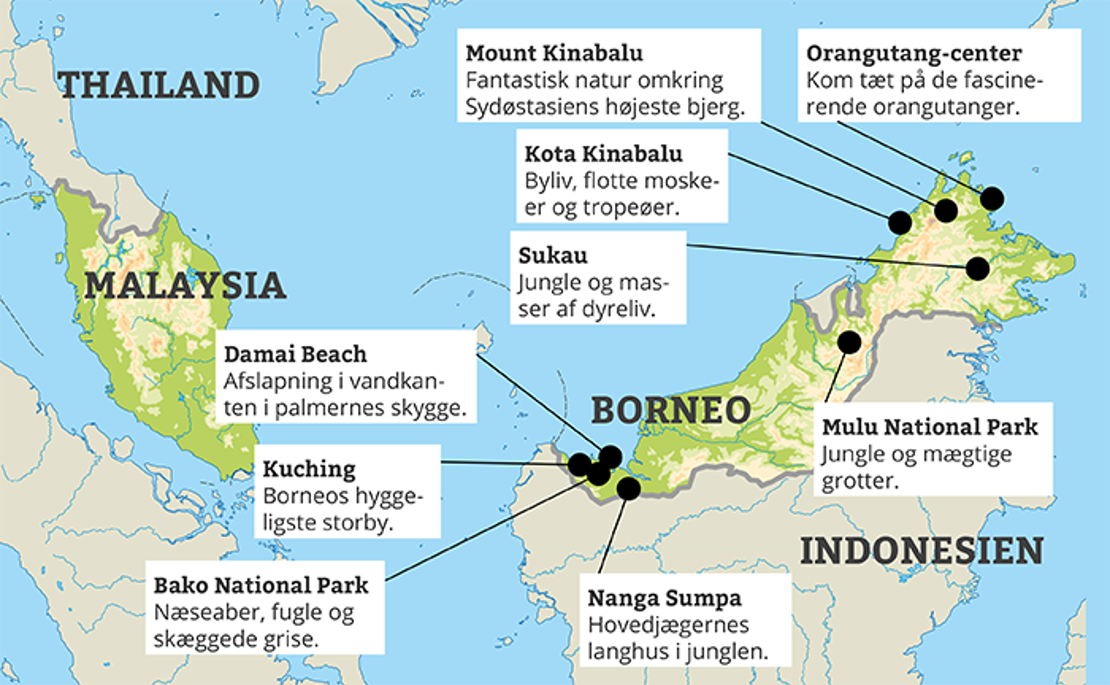 Kort Over Borneo Kort over Borneo   med attraktioner og vigtige steder Kort Over Borneo