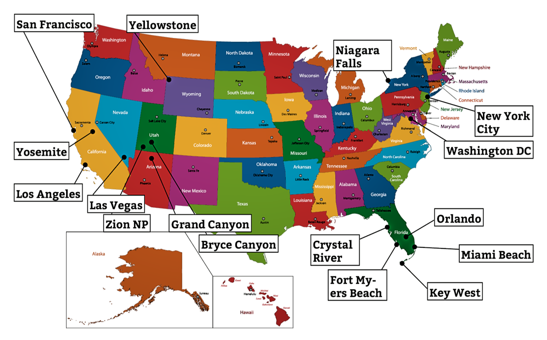 kort over usa vest Usa Kort Med Stater Og Sevaerdigheder Check Point Travel kort over usa vest