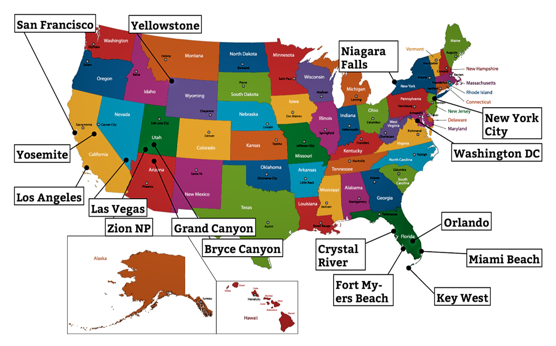 Kort Over Usa USA kort med stater og seværdigheder   Check Point Travel Kort Over Usa