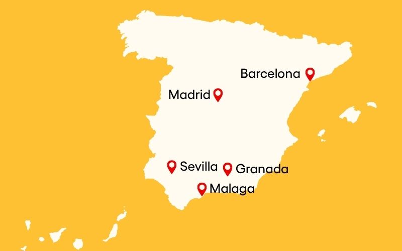 Kort over Spanien med vigtige rejsemål markeret