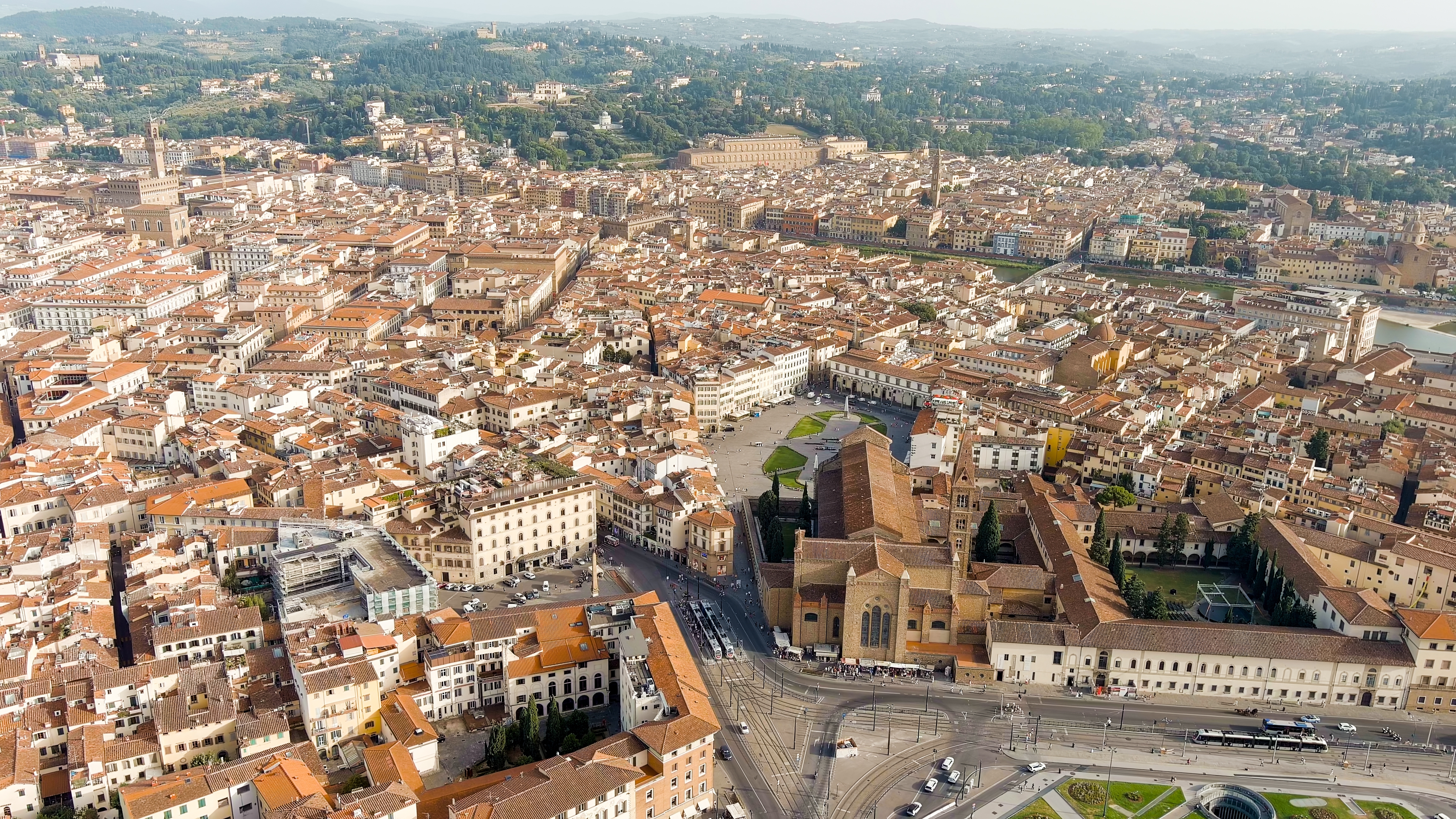 Shutterstock 2388191047 Florence, Italy. Basilica Di Santa Maria Novella. Piazza Di Santa Maria Novella. Summer. Evening, Aerial View