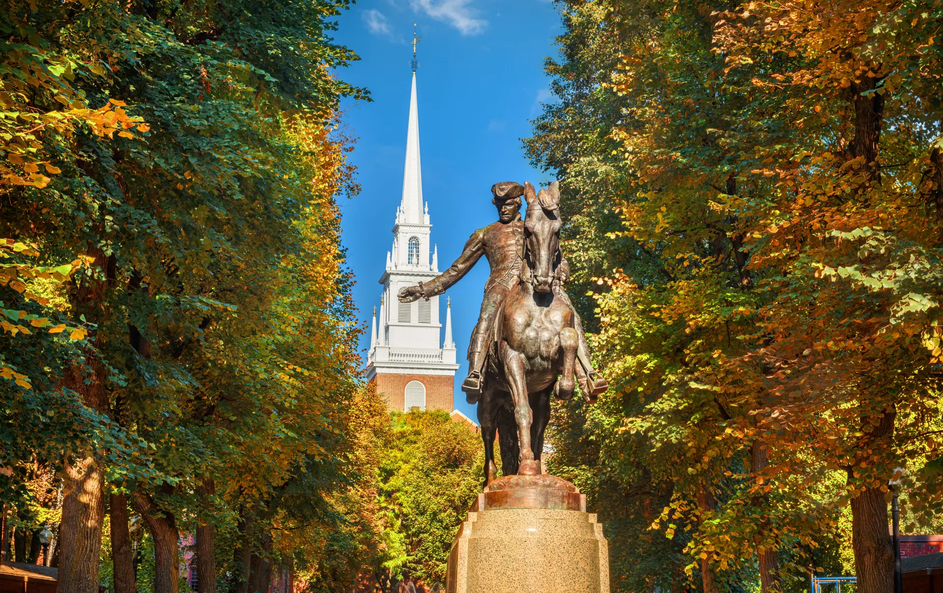 Shutterstock 2353366549 BOSTON, MASSACHUSETTS OCTOBER 17, 2016 The Paul Revere Monument And Old North Church In Autumn Season.